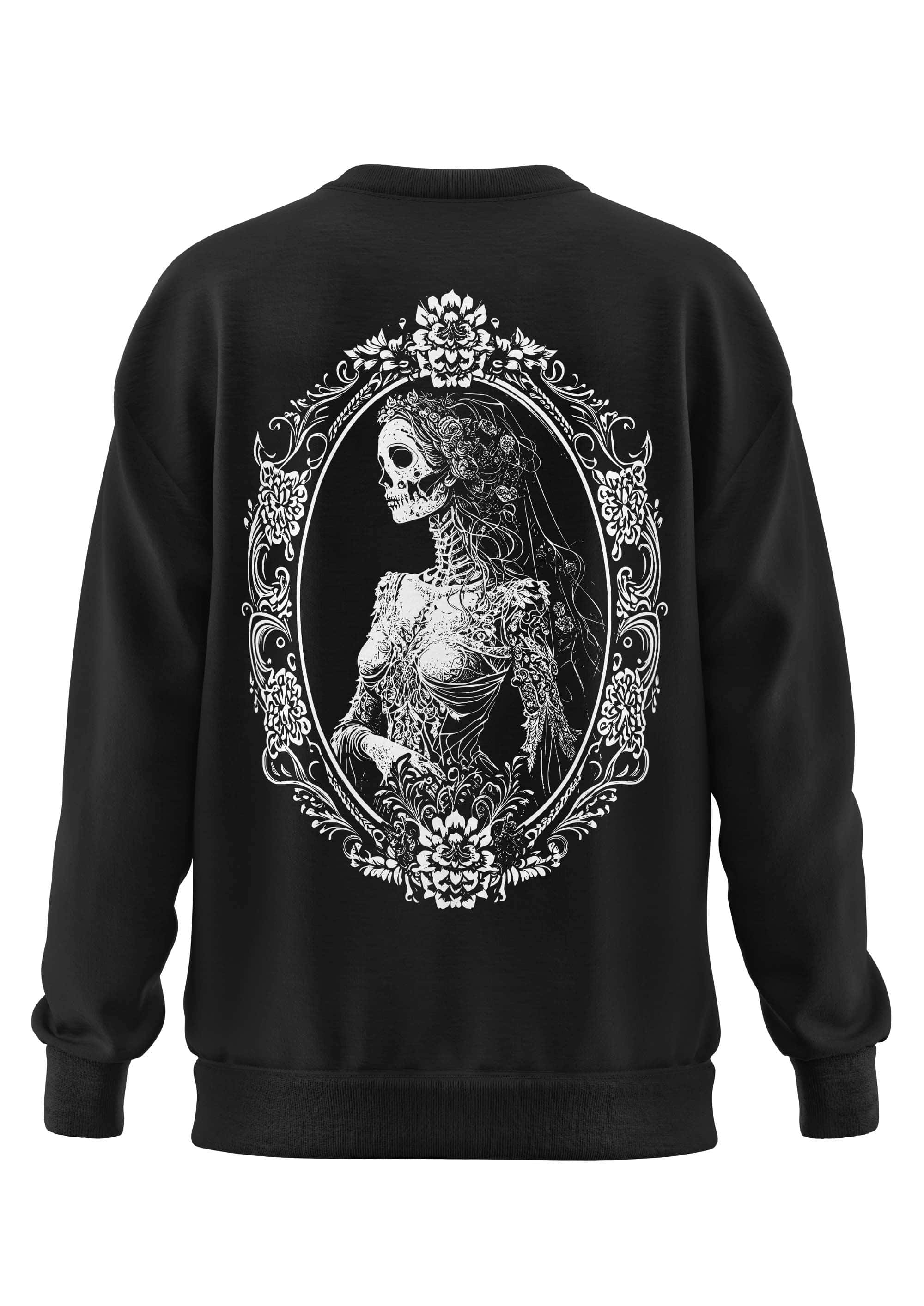 Schwarzes schweres unisex-sweatshirt dead bride mit weißem skelett-motiv im ovalen rahmen aus recyceltem polyester